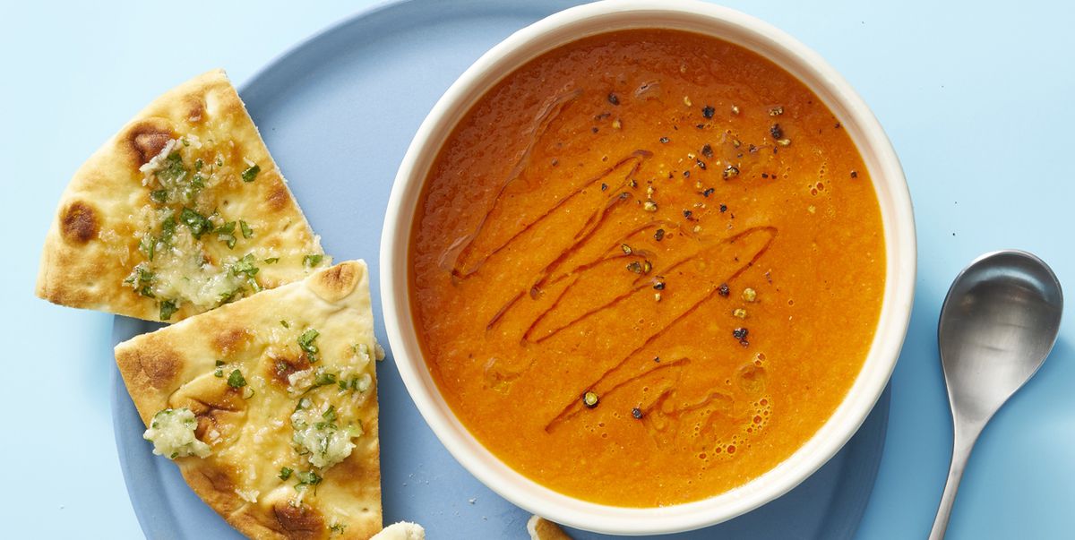 Spiced Fresh Tomato Soup with Sweet and Herby Pitas